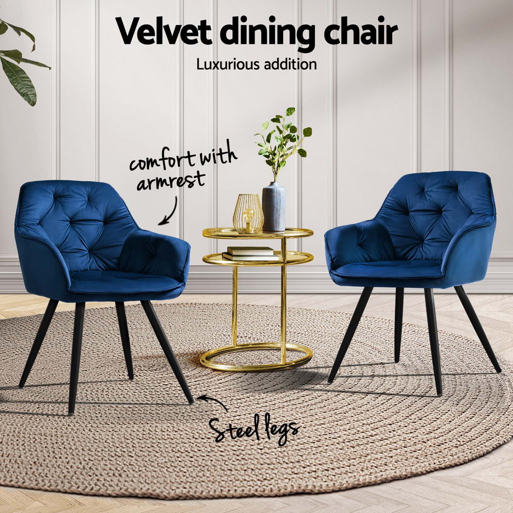Everly Set of 4 Dining Chairs Velvet Diamond Tufted Armchair - Blue