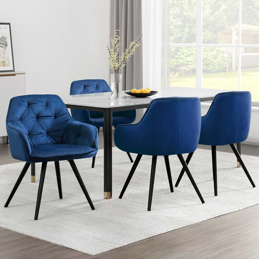 Everly Set of 4 Dining Chairs Velvet Diamond Tufted Armchair - Blue
