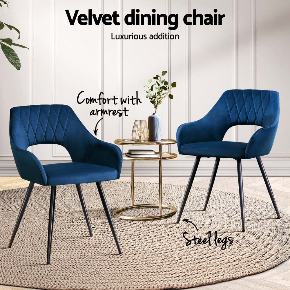 Piper Set of 4 Dining Chairs Velvet Hollow Armchair - Blue