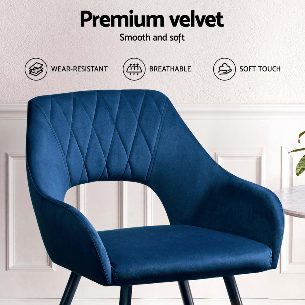 Piper Set of 4 Dining Chairs Velvet Hollow Armchair - Blue