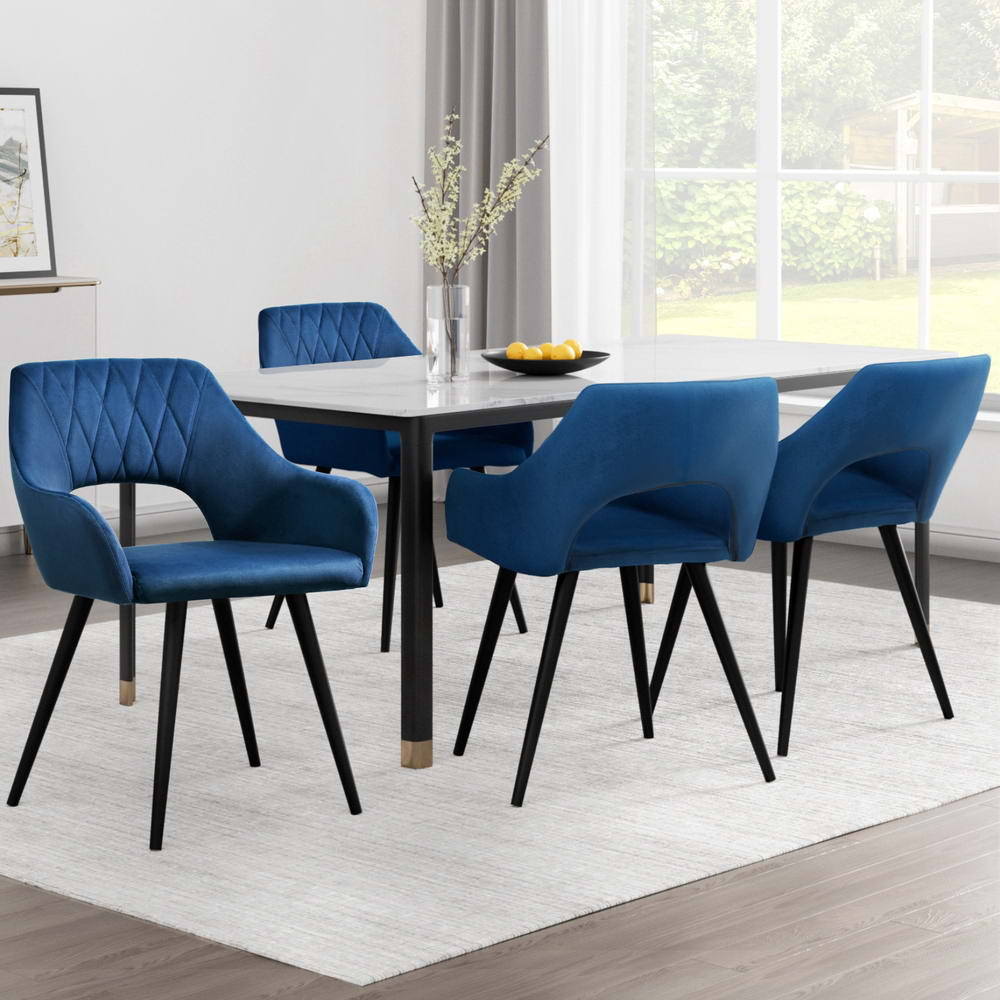 Piper Set of 4 Dining Chairs Velvet Hollow Armchair - Blue