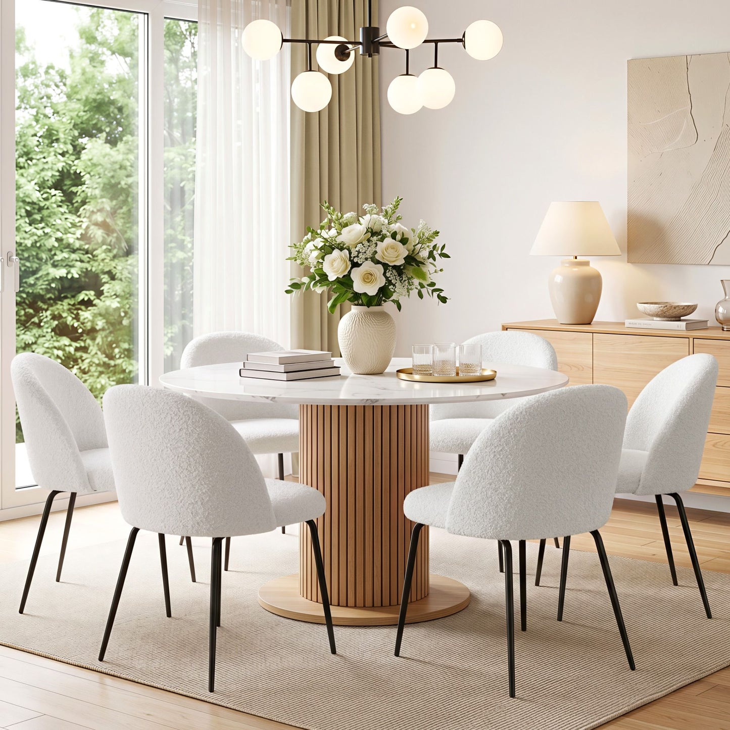 Addison Set of 6 Dining Chairs Sherpa Boucle - White