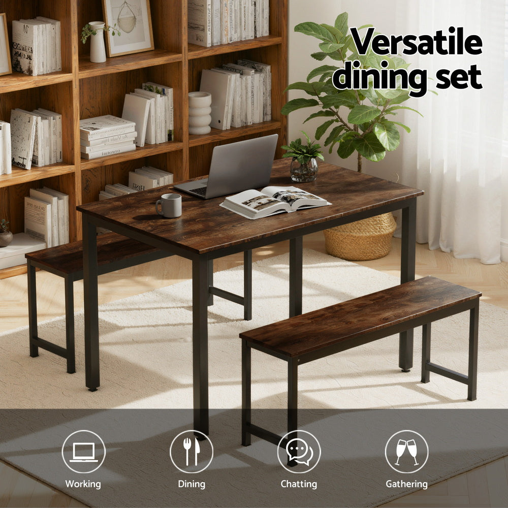 3-Piece Ennio Dark Walnut Dining Table & Chair Set Kitchen Metal Desk Bench