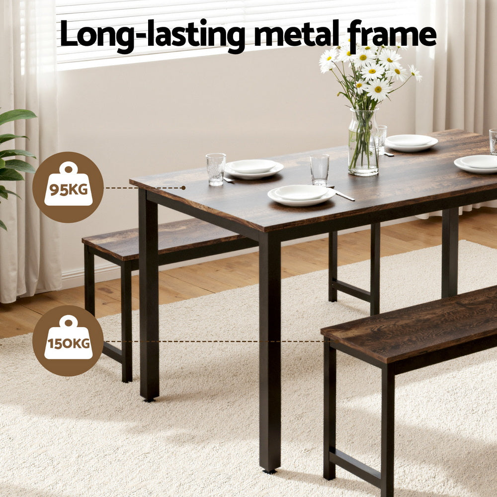 3-Piece Ennio Dark Walnut Dining Table & Chair Set Kitchen Metal Desk Bench