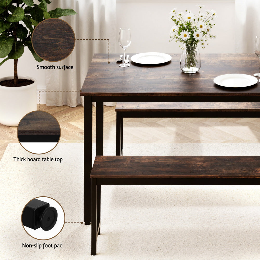 3-Piece Ennio Dark Walnut Dining Table & Chair Set Kitchen Metal Desk Bench
