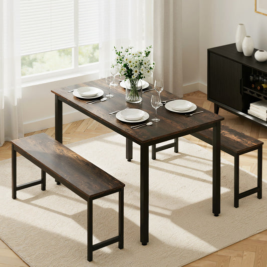 3-Piece Ennio Dark Walnut Dining Table & Chair Set Kitchen Metal Desk Bench