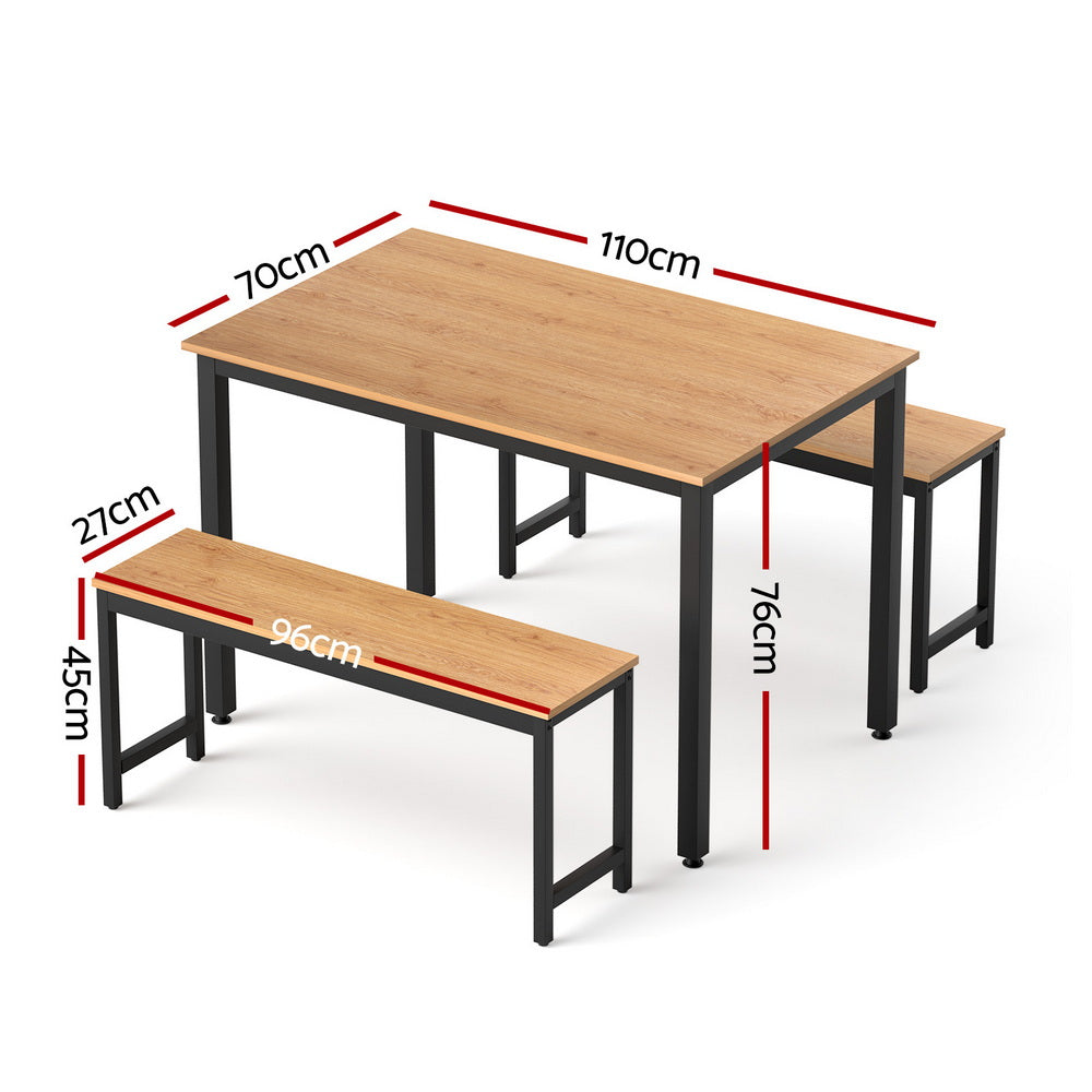 3-Piece Ennio Natural Oak Dining Table & Chair Set Kitchen Metal Desk Bench