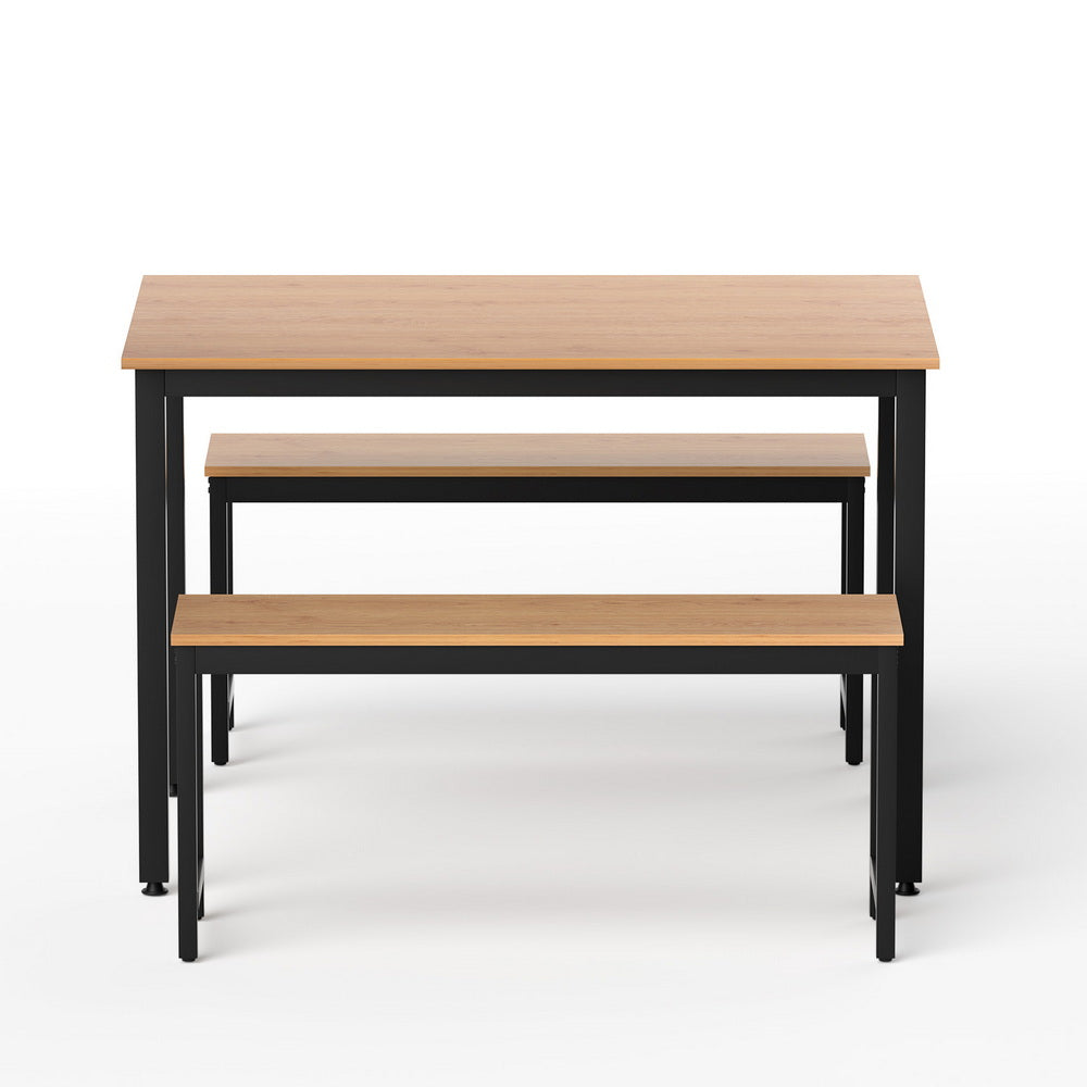 3-Piece Ennio Natural Oak Dining Table & Chair Set Kitchen Metal Desk Bench