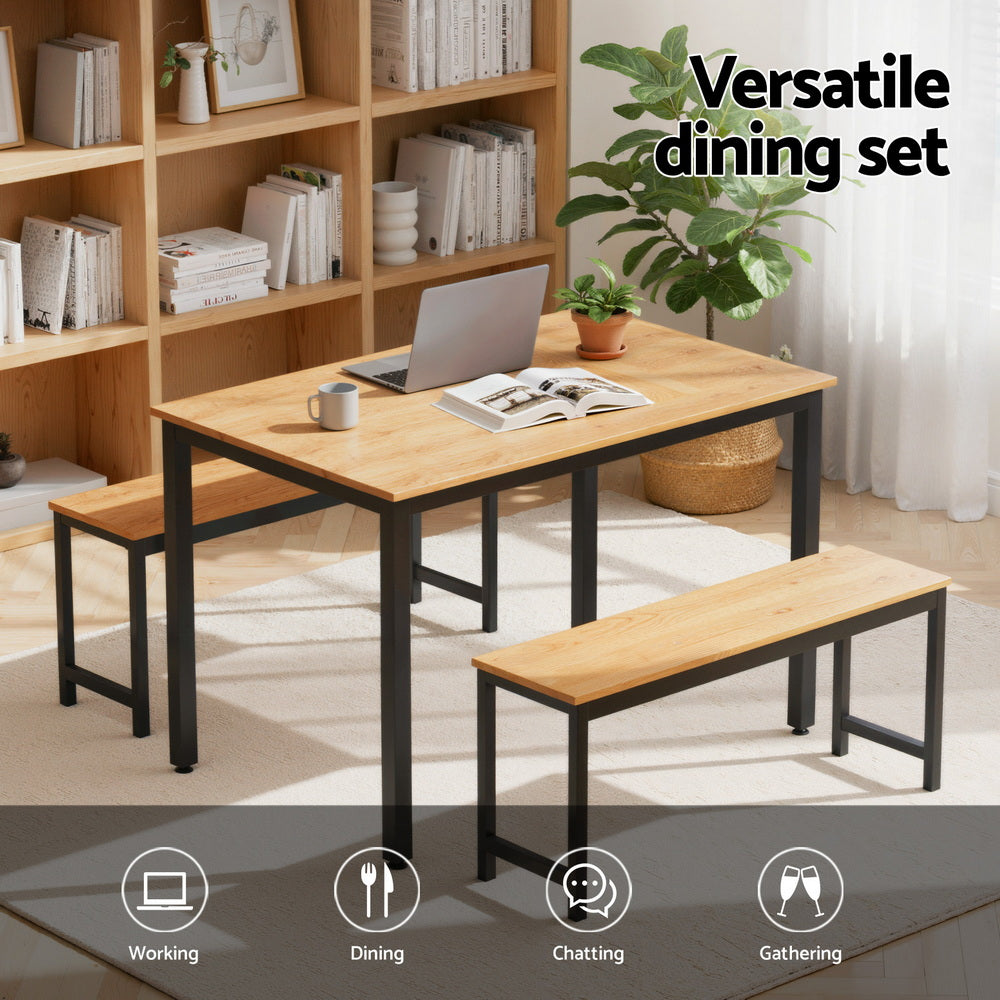 3-Piece Ennio Natural Oak Dining Table & Chair Set Kitchen Metal Desk Bench
