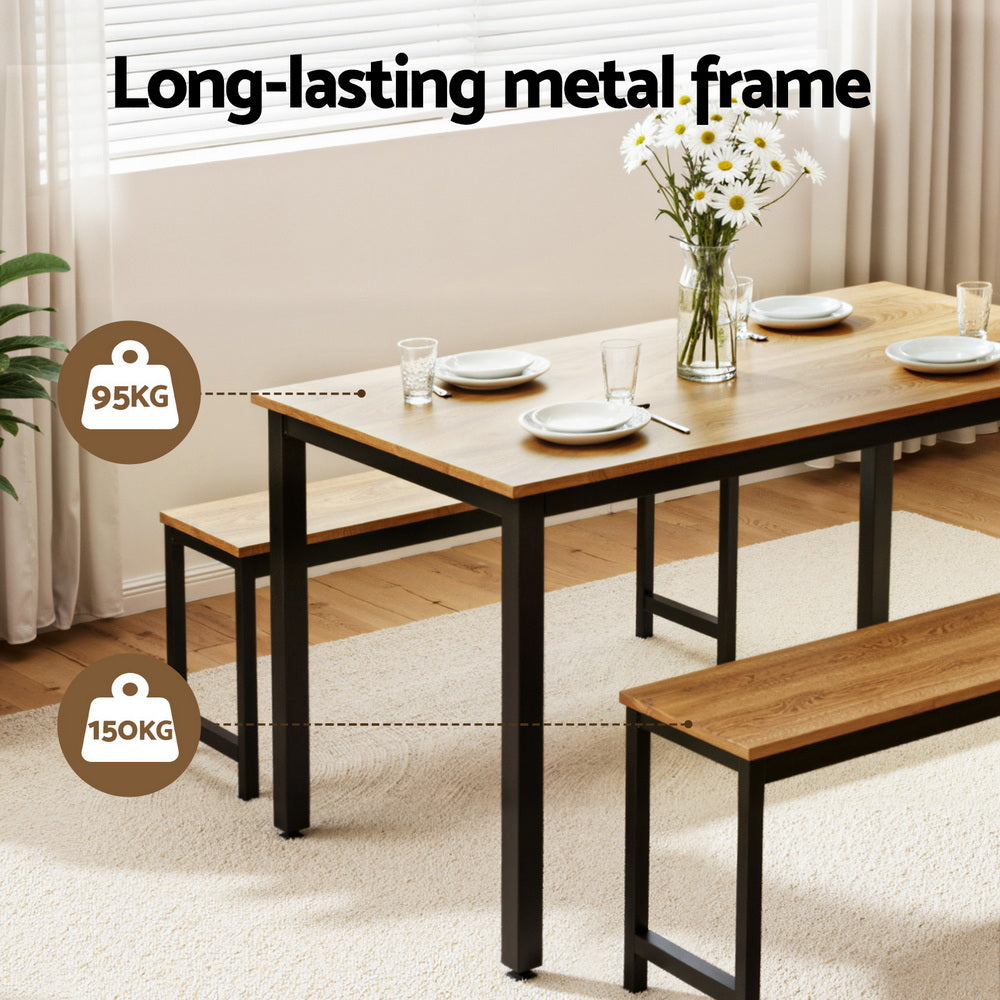 3-Piece Ennio Natural Oak Dining Table & Chair Set Kitchen Metal Desk Bench
