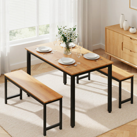 3-Piece Ennio Natural Oak Dining Table & Chair Set Kitchen Metal Desk Bench