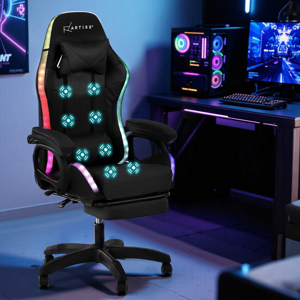 Artiss Gaming Office Chair 12 RGB LED Massage Computer Work Seat Footrest Black