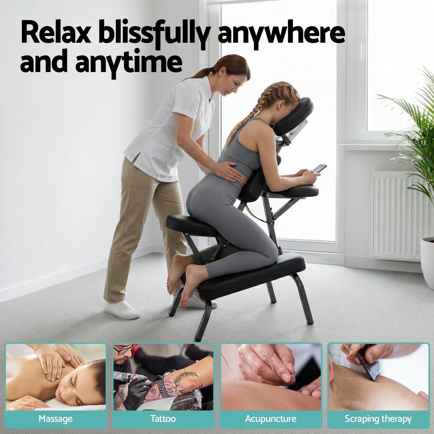 Portable Massage Chair Lightweight Folding Tattoo Lash Beauty Bed - Black