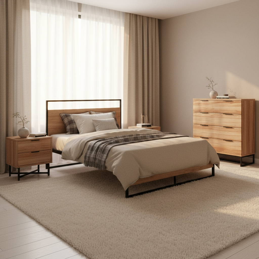 Melrose King Single Bedroom Suite 5 Piece 1x King Single Mattress, 1x King Single Metal Bed Frame, 2x Oak Bedside Tables and 1x Oak Tallboy