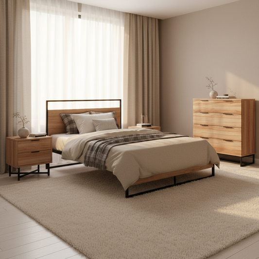 Melrose King Single Bedroom Suite 5 Piece 1x King Single Mattress, 1x King Single Metal Bed Frame, 2x Oak Bedside Tables and 1x Oak Tallboy