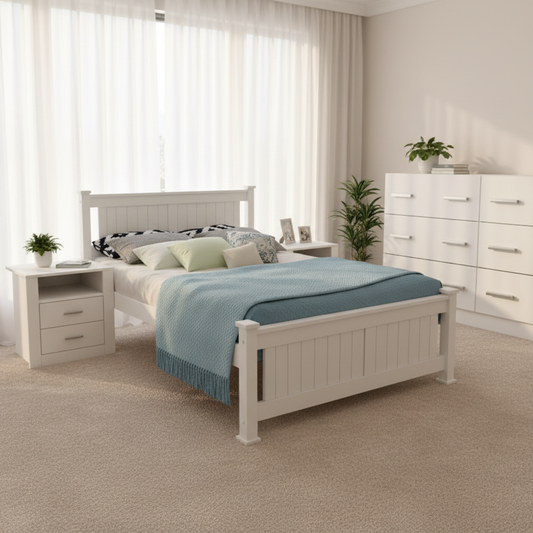 Norwich King Single Bedroom Suite 5 Piece 1x King Single Mattress, 1x King Single Wooden Bed Frame, 2x White Bedside Tables and 1x White Tallboy