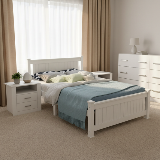 Norwich Single Bedroom Suite 5 Piece 1x Single Mattress, 1x Single Wooden Bed Frame with Drawers, 2x White Bedside Tables and 1x White Tallboy
