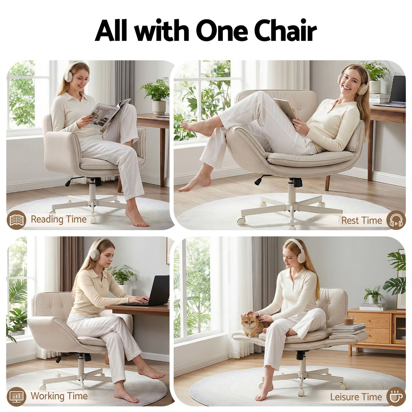 Artiss Criss Cross Chair Ergonomic Cross Legged Office Desk Chair PU Leather Beige