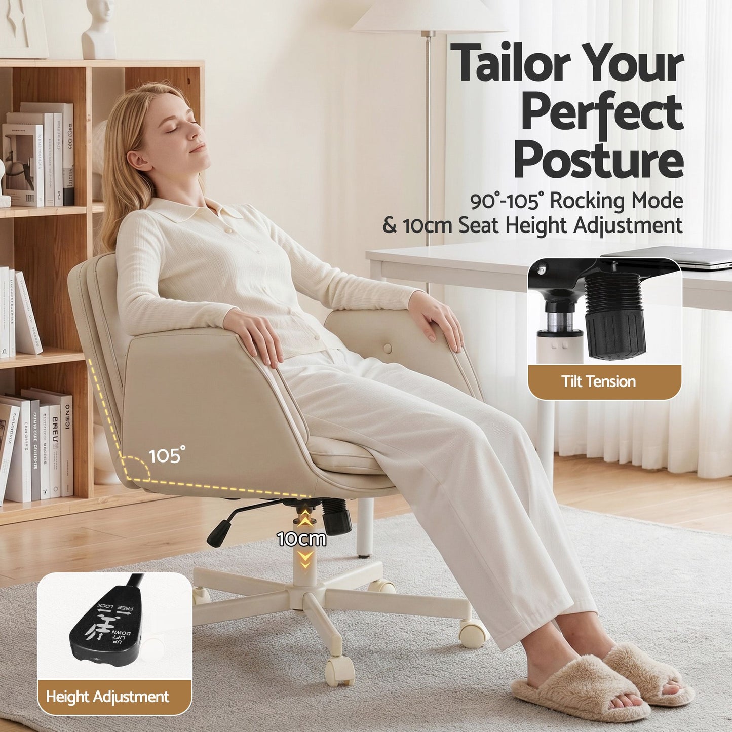 Artiss Criss Cross Chair Ergonomic Cross Legged Office Desk Chair PU Leather Beige