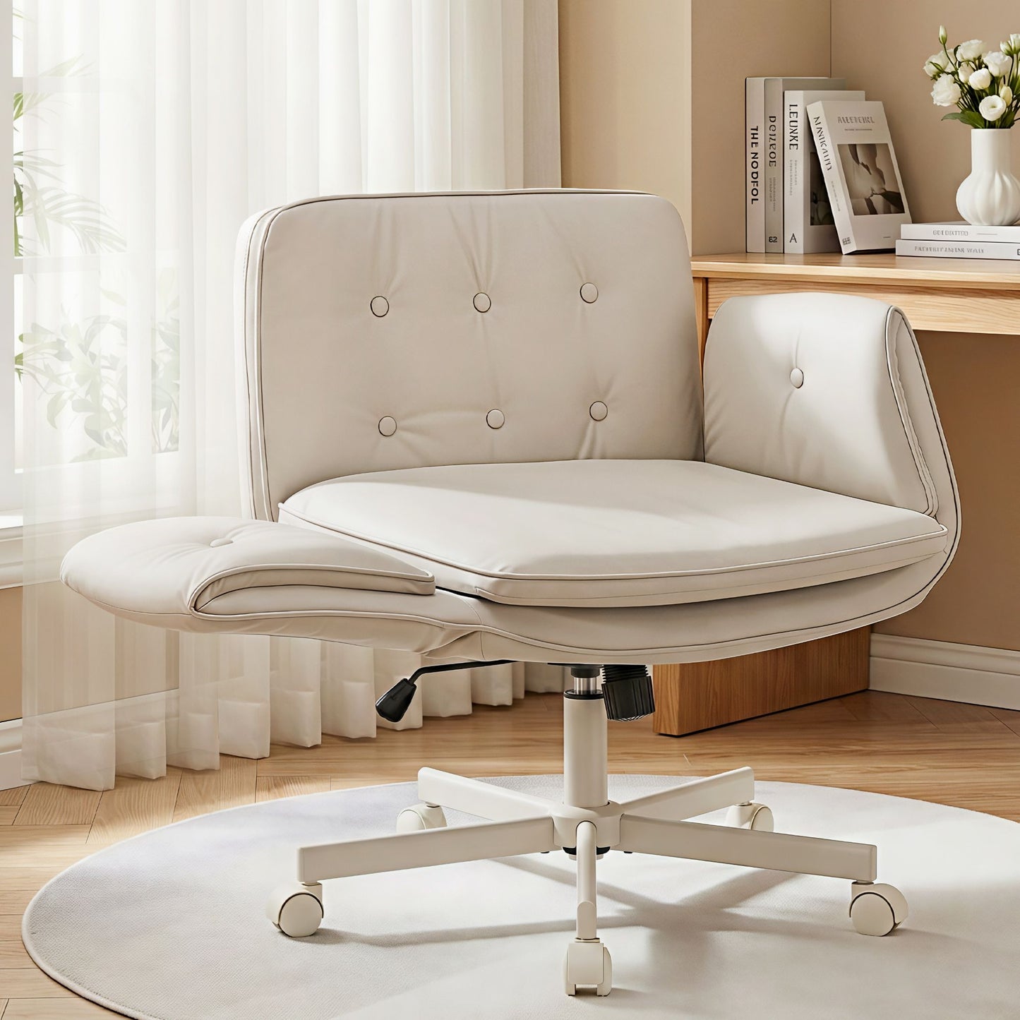 Artiss Criss Cross Chair Ergonomic Cross Legged Office Desk Chair PU Leather Beige