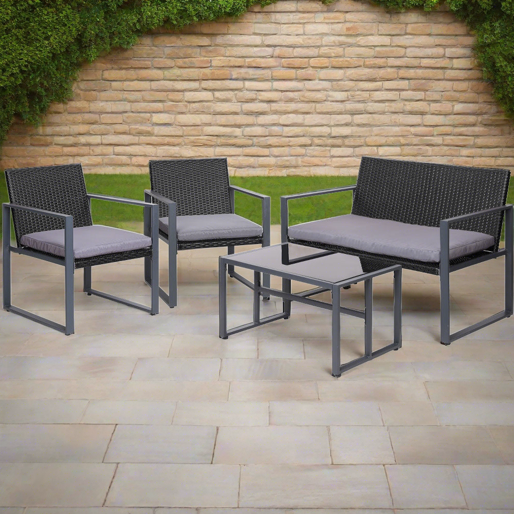 Ronald 4-Seater Rattan Furniture Chairs 4-Piece Outdoor Sofa Set with Storage Cover - Black
