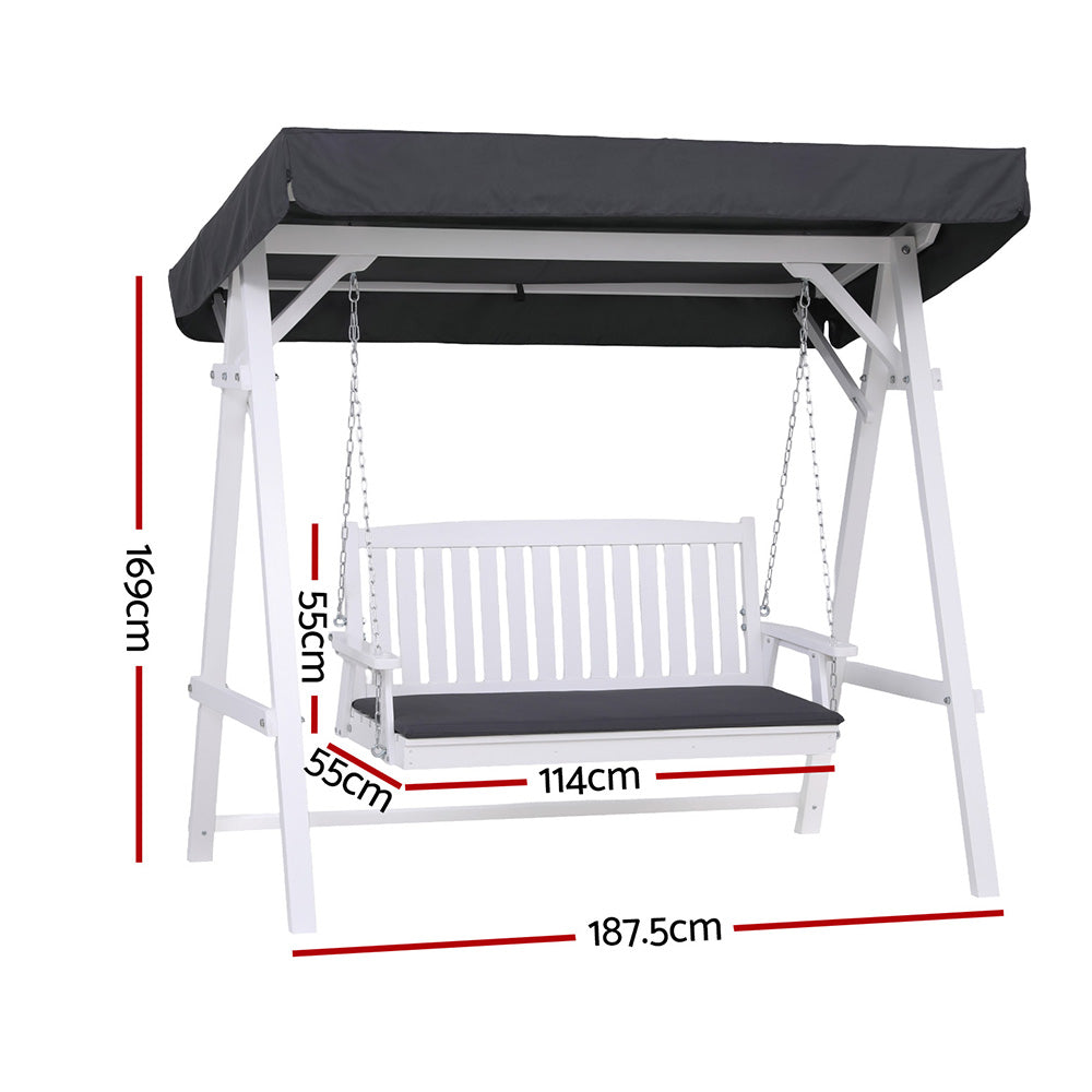 Elsinore Outdoor Wooden Swing Chair Garden Bench Canopy Cushion 3 Seater - White