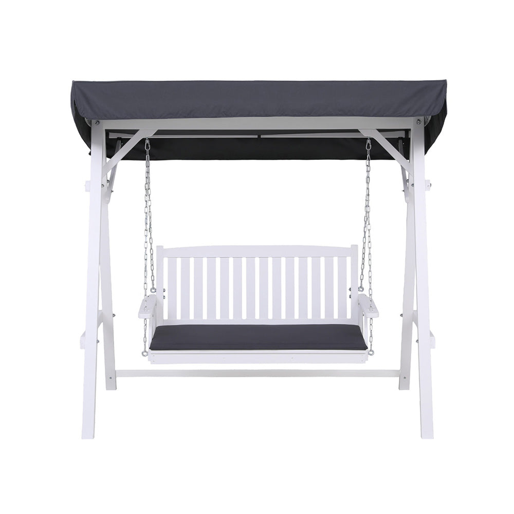 Elsinore Outdoor Wooden Swing Chair Garden Bench Canopy Cushion 3 Seater - White