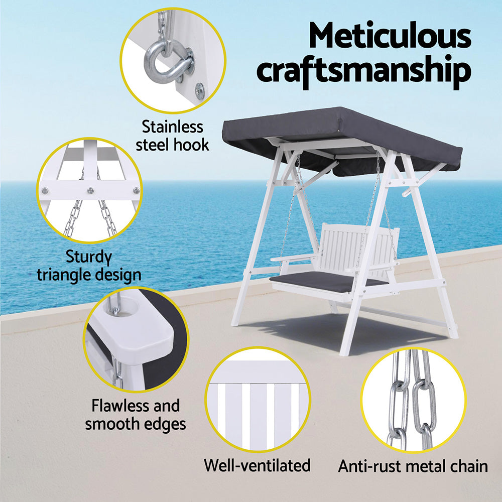 Elsinore Outdoor Wooden Swing Chair Garden Bench Canopy Cushion 3 Seater - White