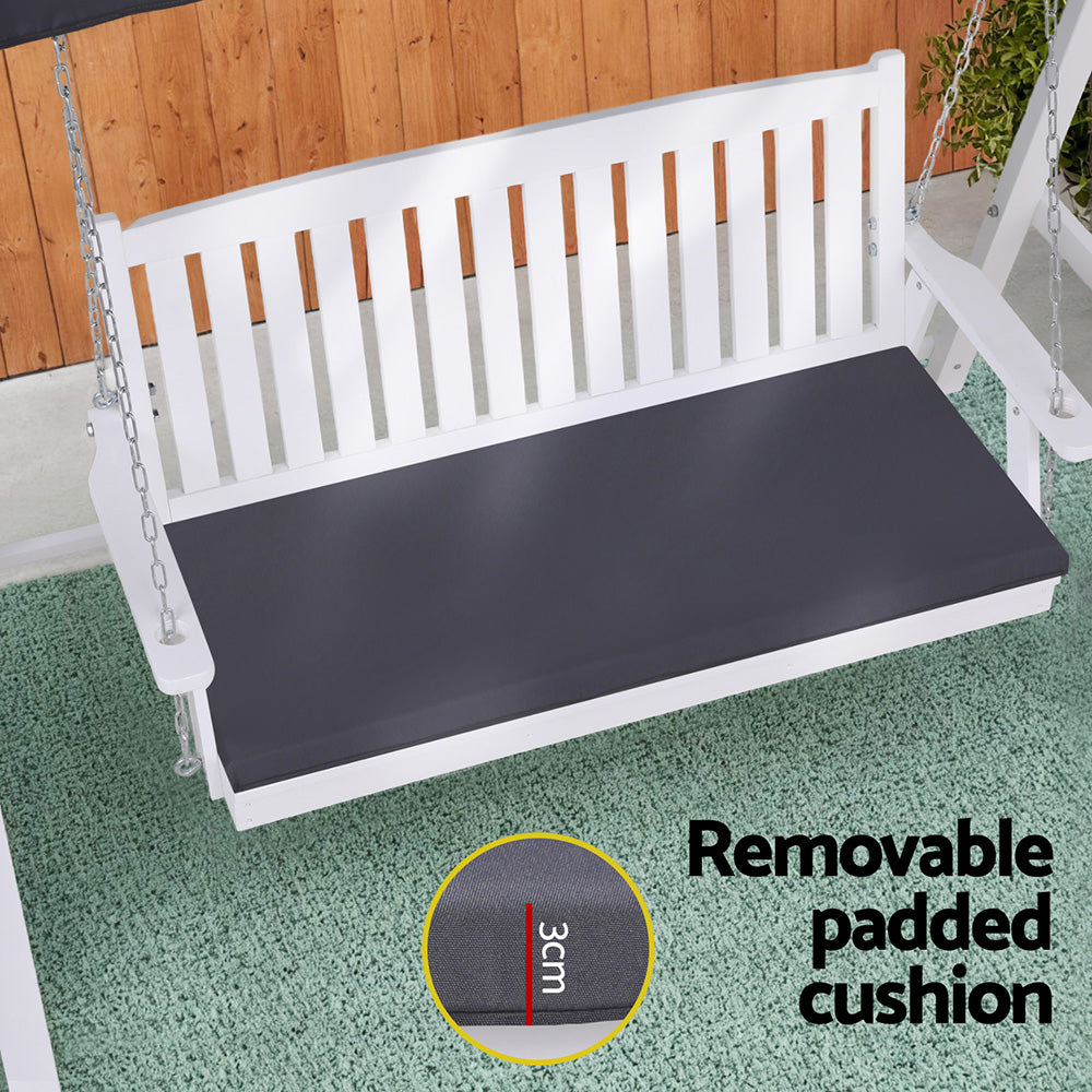 Elsinore Outdoor Wooden Swing Chair Garden Bench Canopy Cushion 3 Seater - White