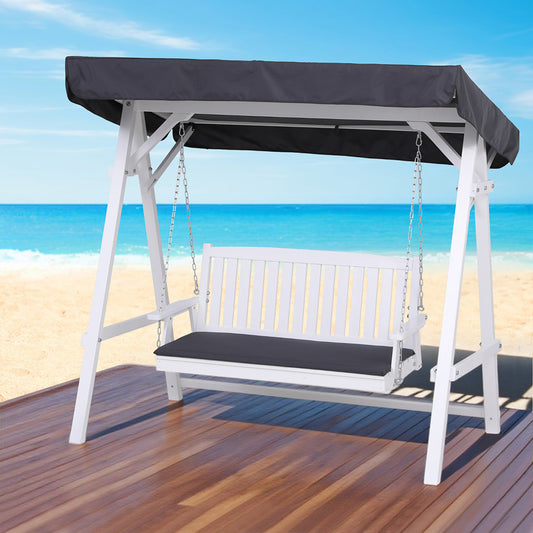 Elsinore Outdoor Wooden Swing Chair Garden Bench Canopy Cushion 3 Seater - White