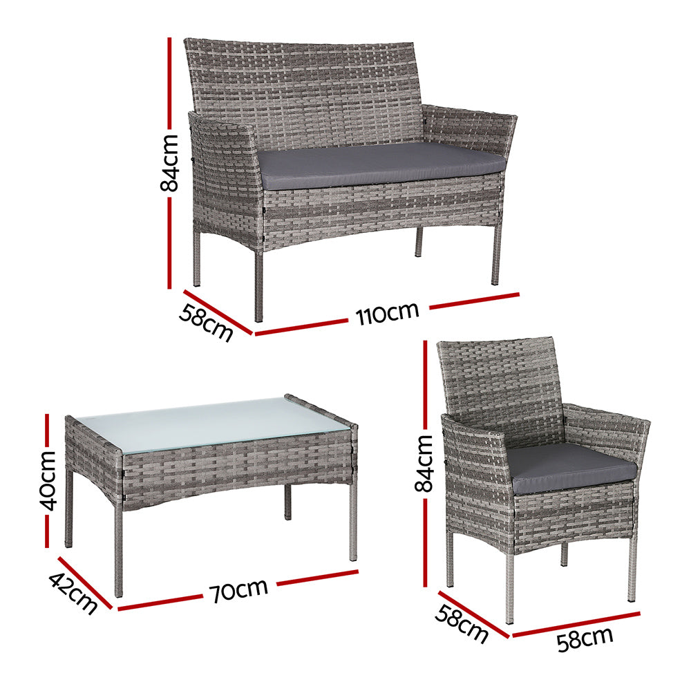 Giulia 4 Seater Wicker Setting Table Chair Furniture Set 4 Outdoor Bistro Set - Grey