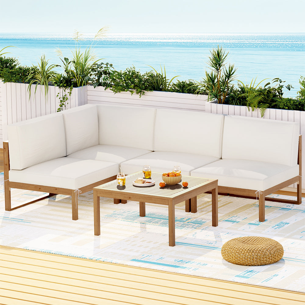 Damar 4-Seater Outdoor Sofa Set Wooden Lounge Setting 5-Piece - White