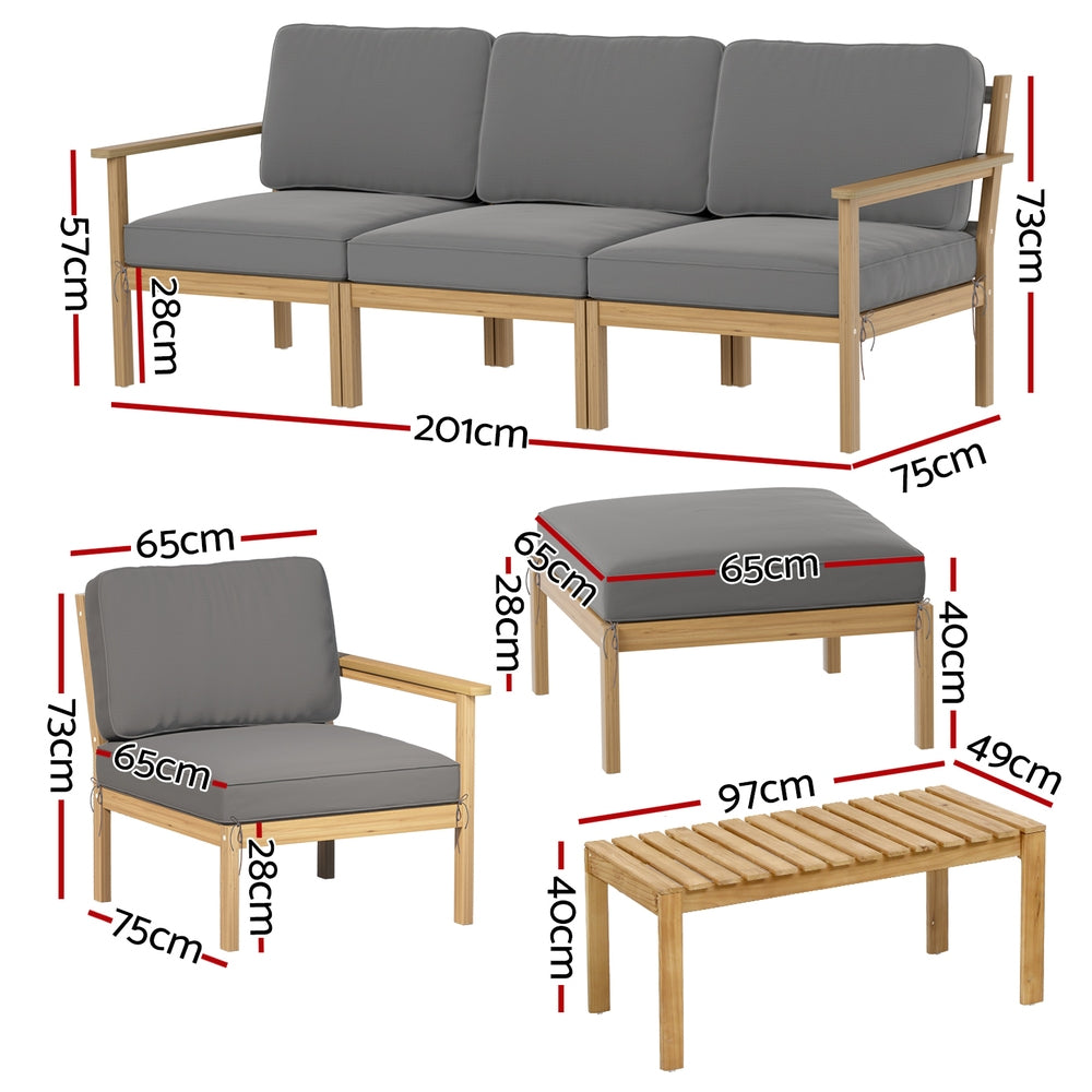 Novian 5-Seater Outdoor Sofa Set Wooden Lounge Setting 6-Piece - Grey