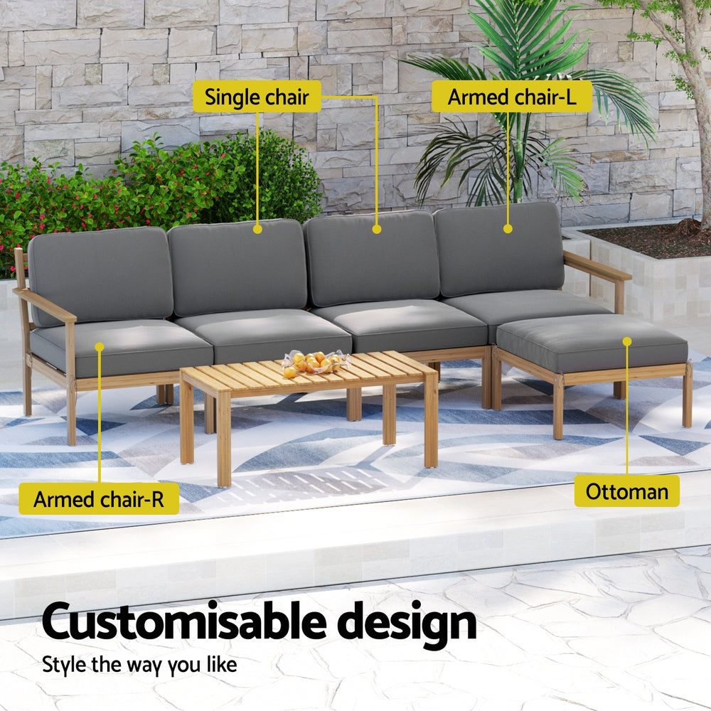 Novian 5-Seater Outdoor Sofa Set Wooden Lounge Setting 6-Piece - Grey
