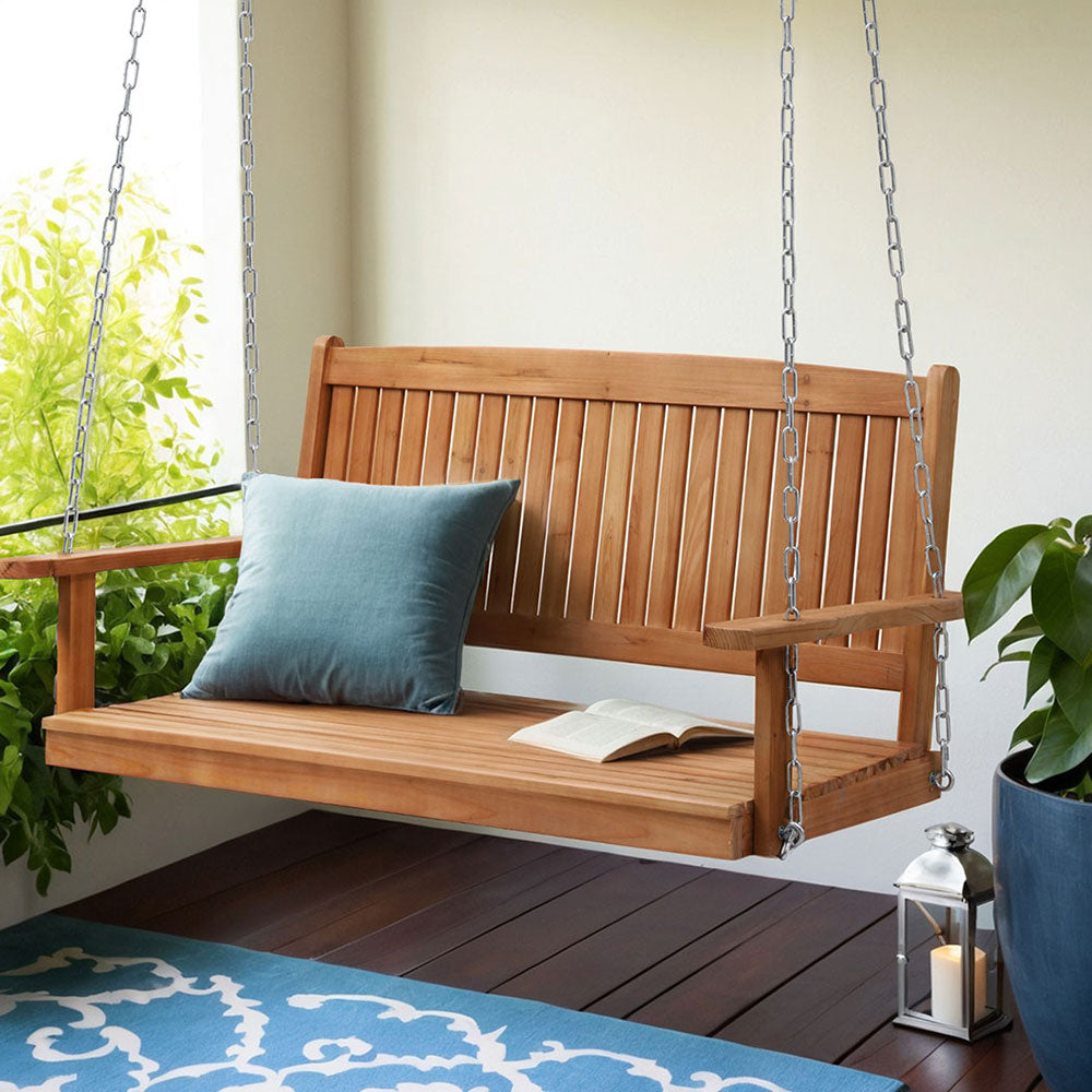 Isandro Porch Swing Chair With Chain Outdoor Furniture Wooden Bench 2 Seater - Teak