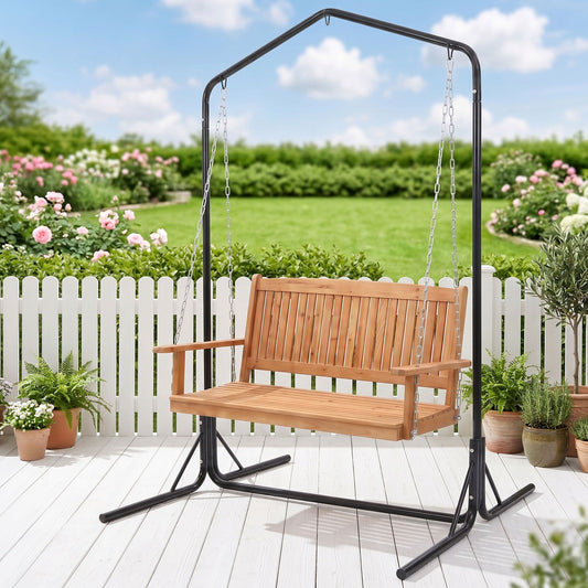 Niallor Wooden 2-Seater Outdoor Swing Chair with Black Stand Hanging Chair Patio Furniture - Teak
