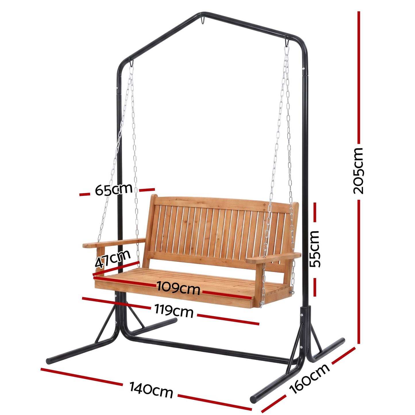 Niallor Wooden 2-Seater Outdoor Swing Chair with Black Stand Hanging Chair Patio Furniture - Teak
