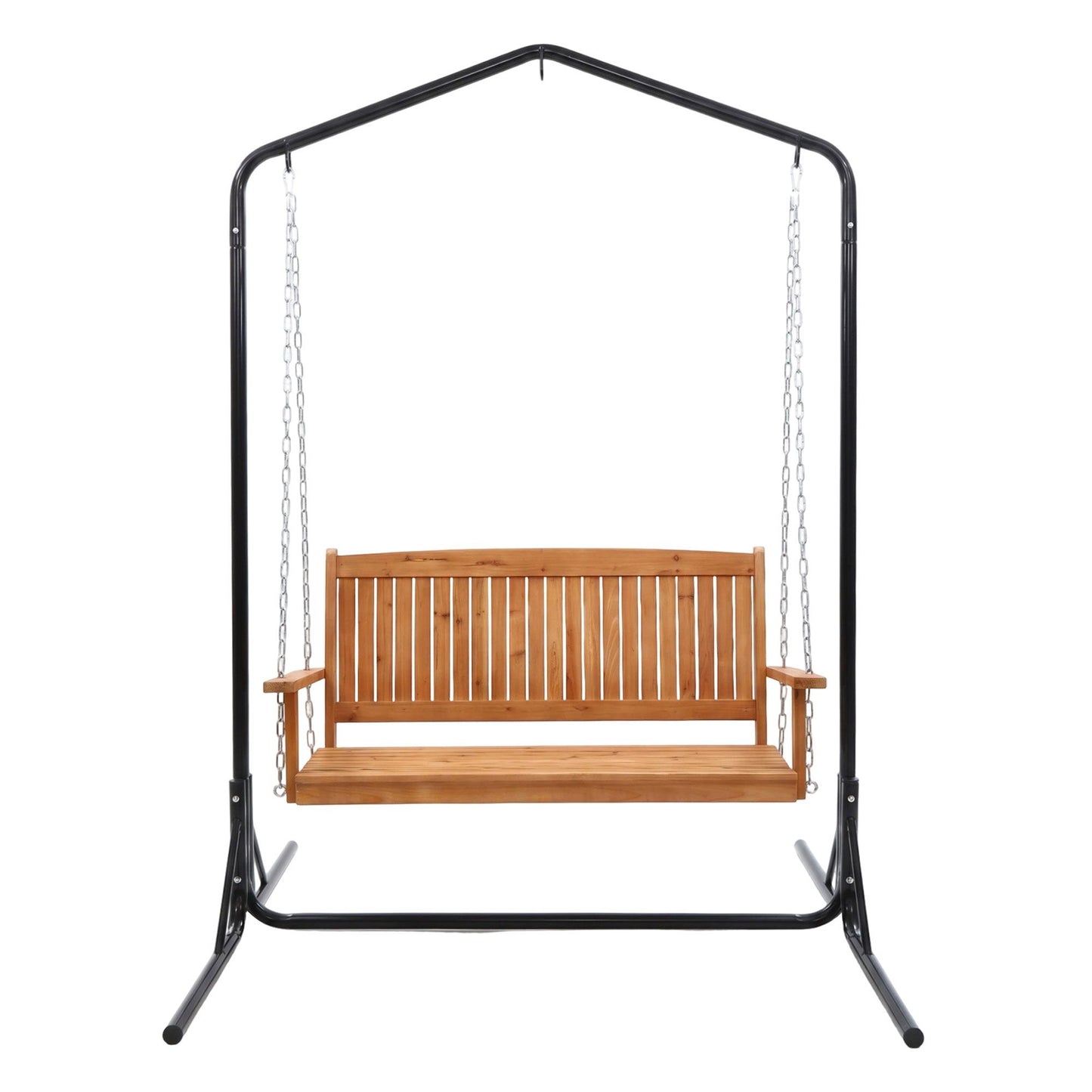 Niallor Wooden 2-Seater Outdoor Swing Chair with Black Stand Hanging Chair Patio Furniture - Teak