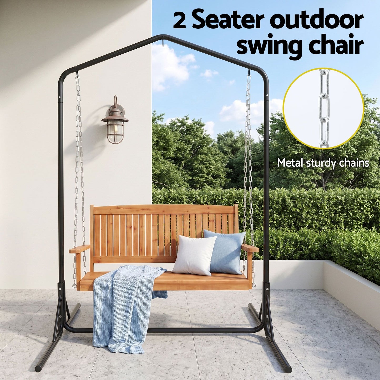 Niallor Wooden 2-Seater Outdoor Swing Chair with Black Stand Hanging Chair Patio Furniture - Teak