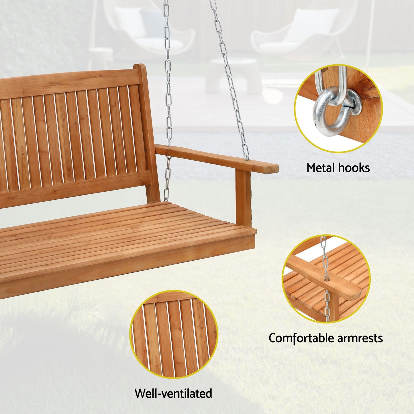 Niallor Wooden 2-Seater Outdoor Swing Chair with Black Stand Hanging Chair Patio Furniture - Teak