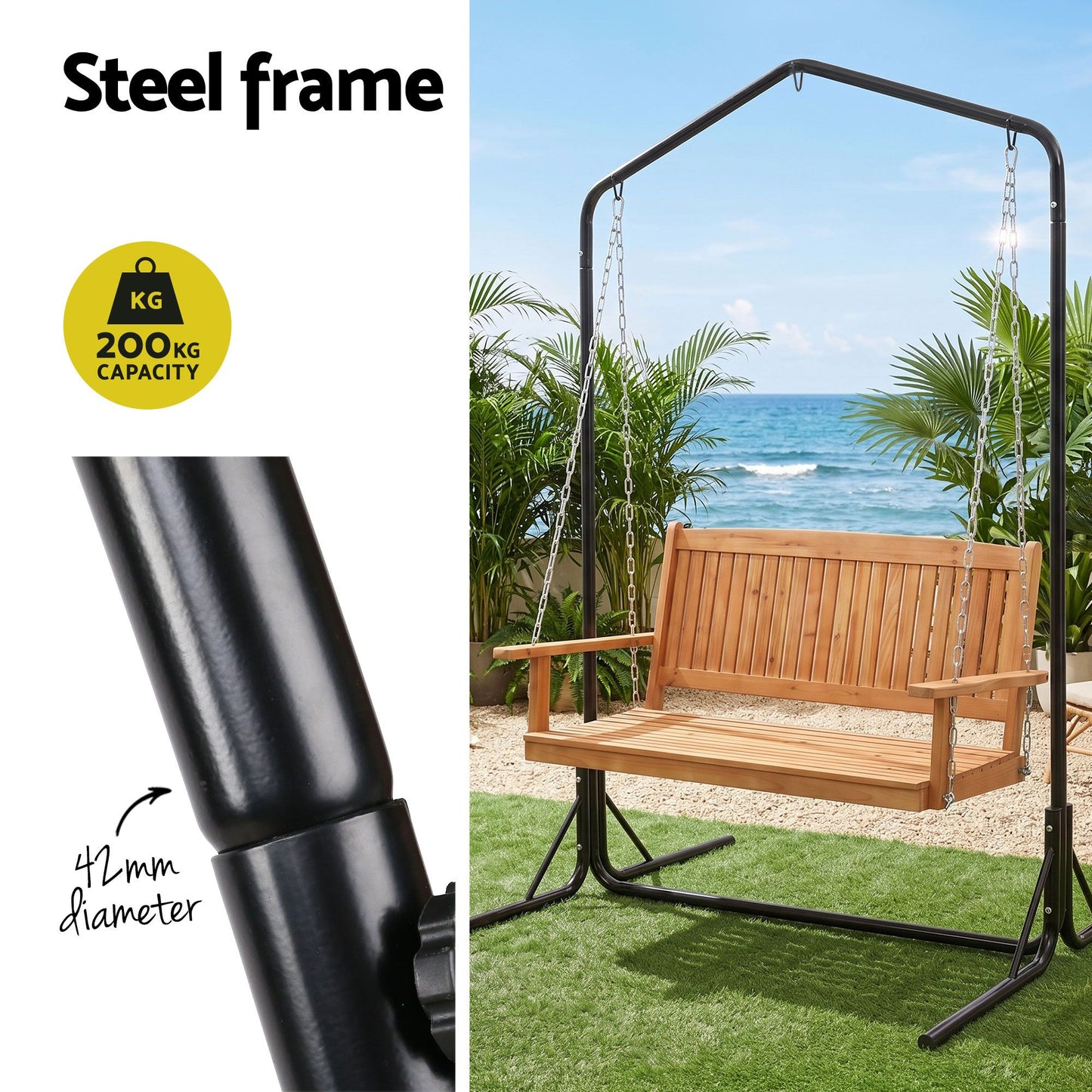 Niallor Wooden 2-Seater Outdoor Swing Chair with Black Stand Hanging Chair Patio Furniture - Teak