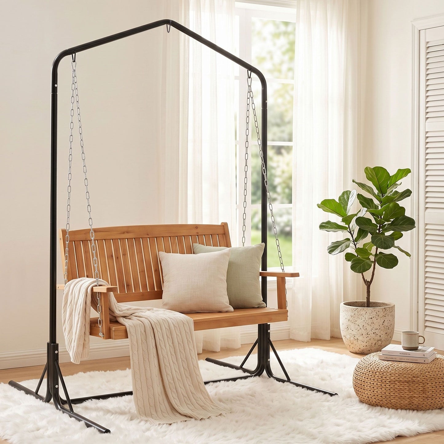 Niallor Wooden 2-Seater Outdoor Swing Chair with Black Stand Hanging Chair Patio Furniture - Teak