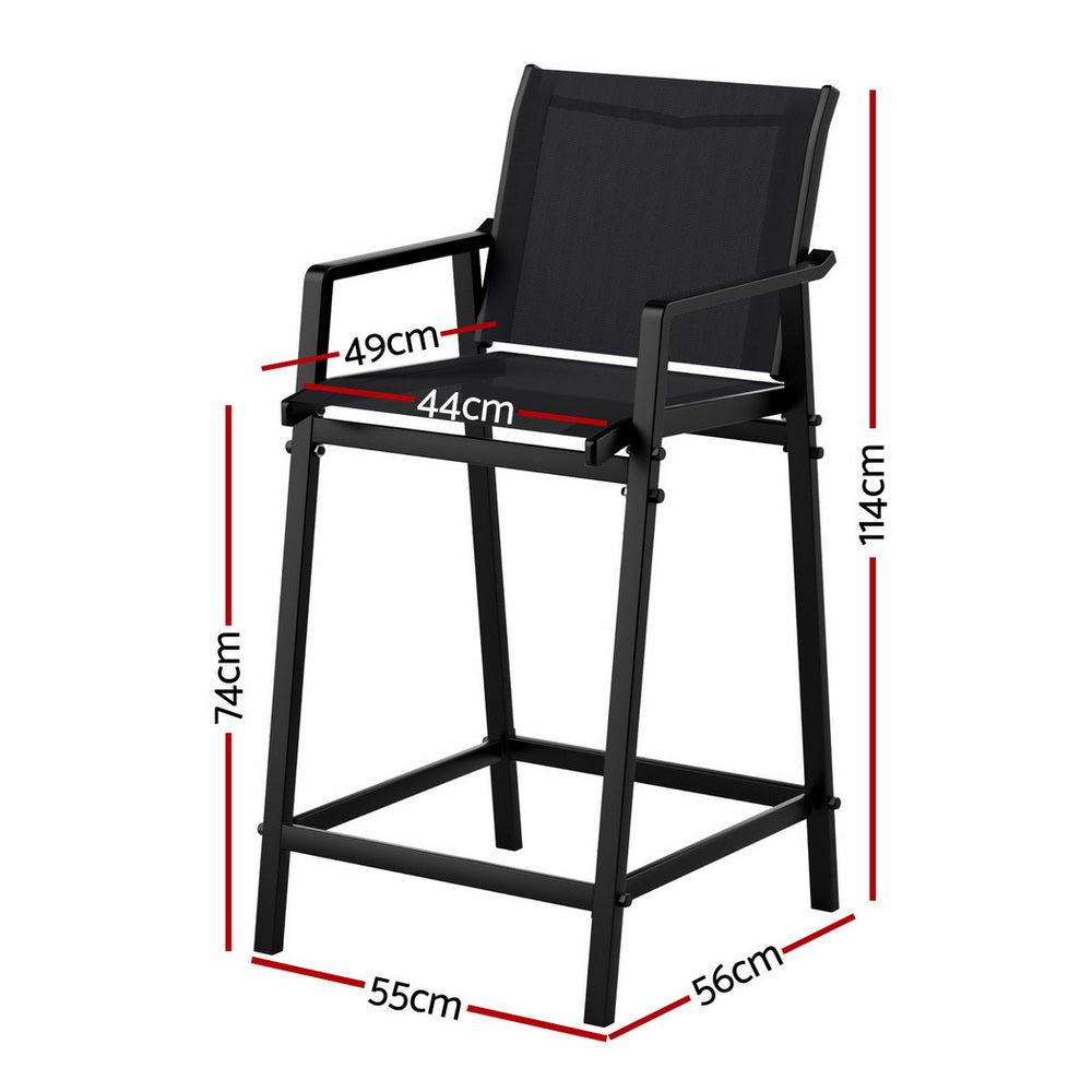 Ulyana Set of 2 Outdoor Bar Stools Steel Dining Chairs Patio Furniture Garden - Black
