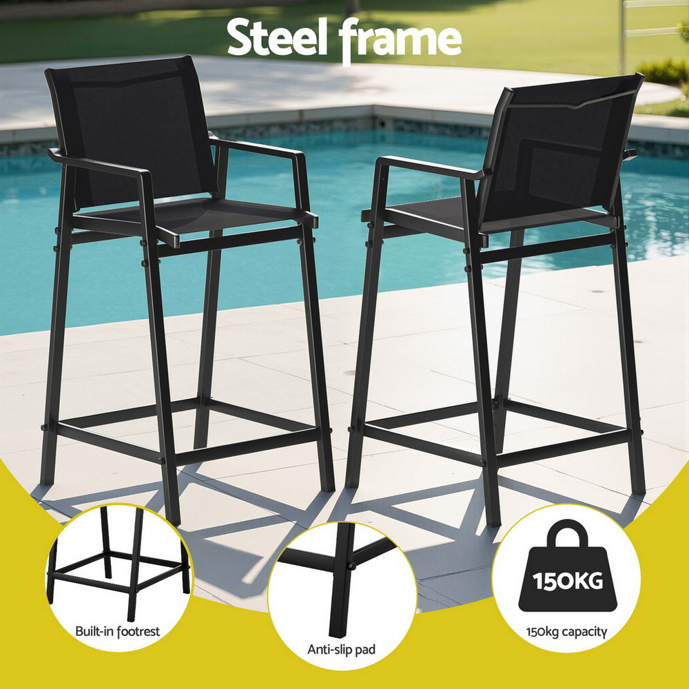 Ulyana Set of 2 Outdoor Bar Stools Steel Dining Chairs Patio Furniture Garden - Black