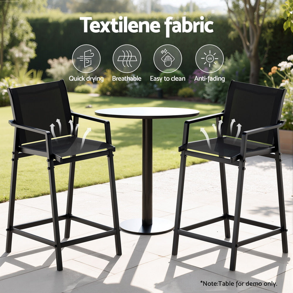 Ulyana Set of 2 Outdoor Bar Stools Steel Dining Chairs Patio Furniture Garden - Black
