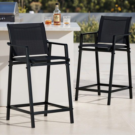 Ulyana Set of 2 Outdoor Bar Stools Steel Dining Chairs Patio Furniture Garden - Black