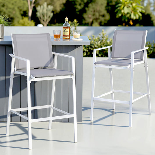 Ailsa Set of 2 Outdoor Bar Stools Dining Chairs Patio Furniture Garden Steel Textilene - White