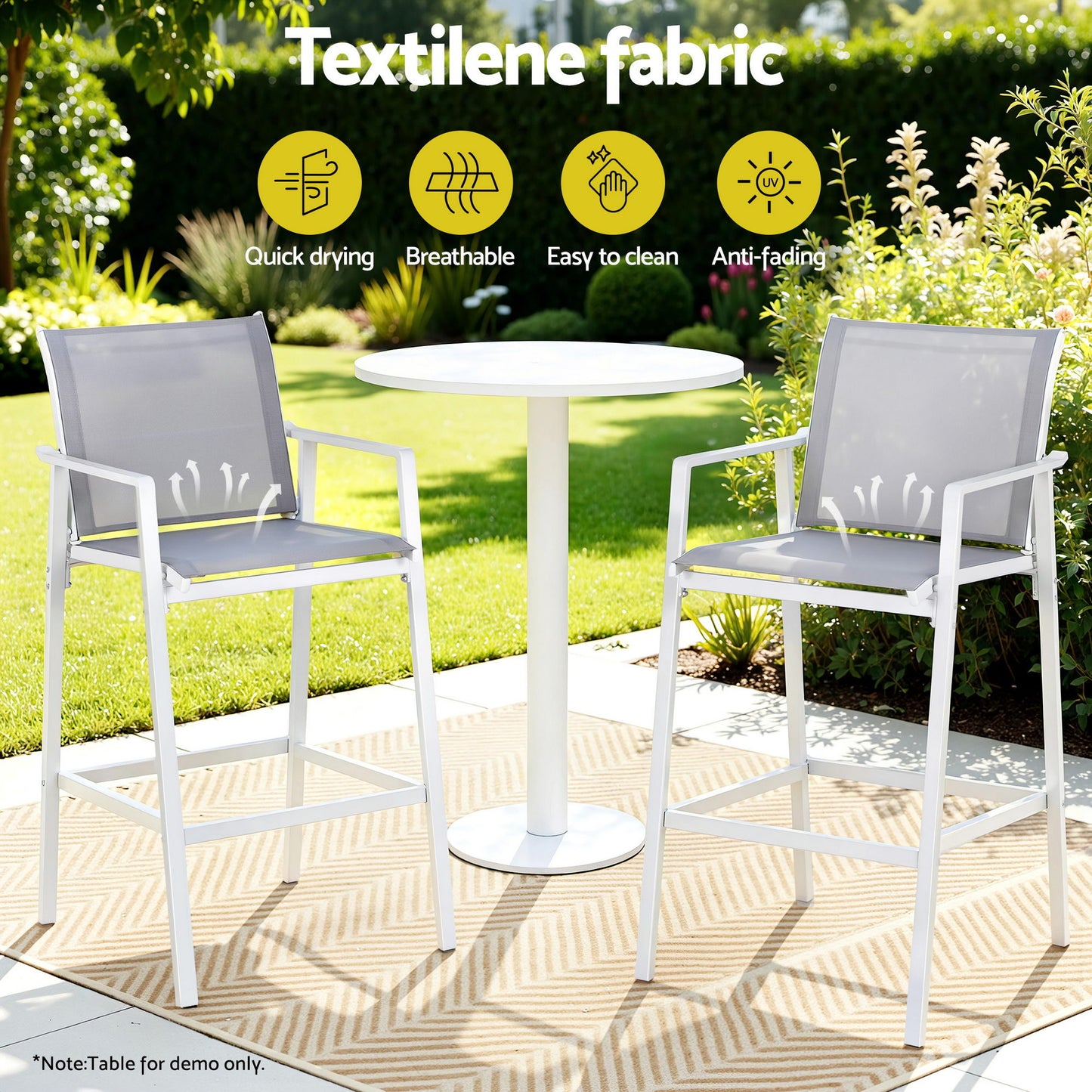 Ailsa Set of 2 Outdoor Bar Stools Dining Chairs Patio Furniture Garden Steel Textilene - White