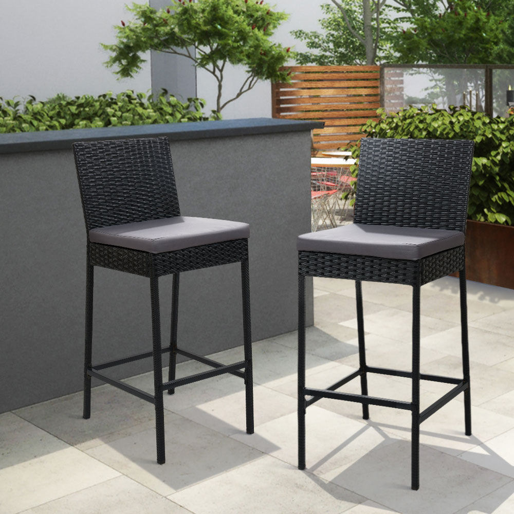 Ralph Set of 2 Outdoor Bar Stools Dining Chairs Wicker Furniture - Black