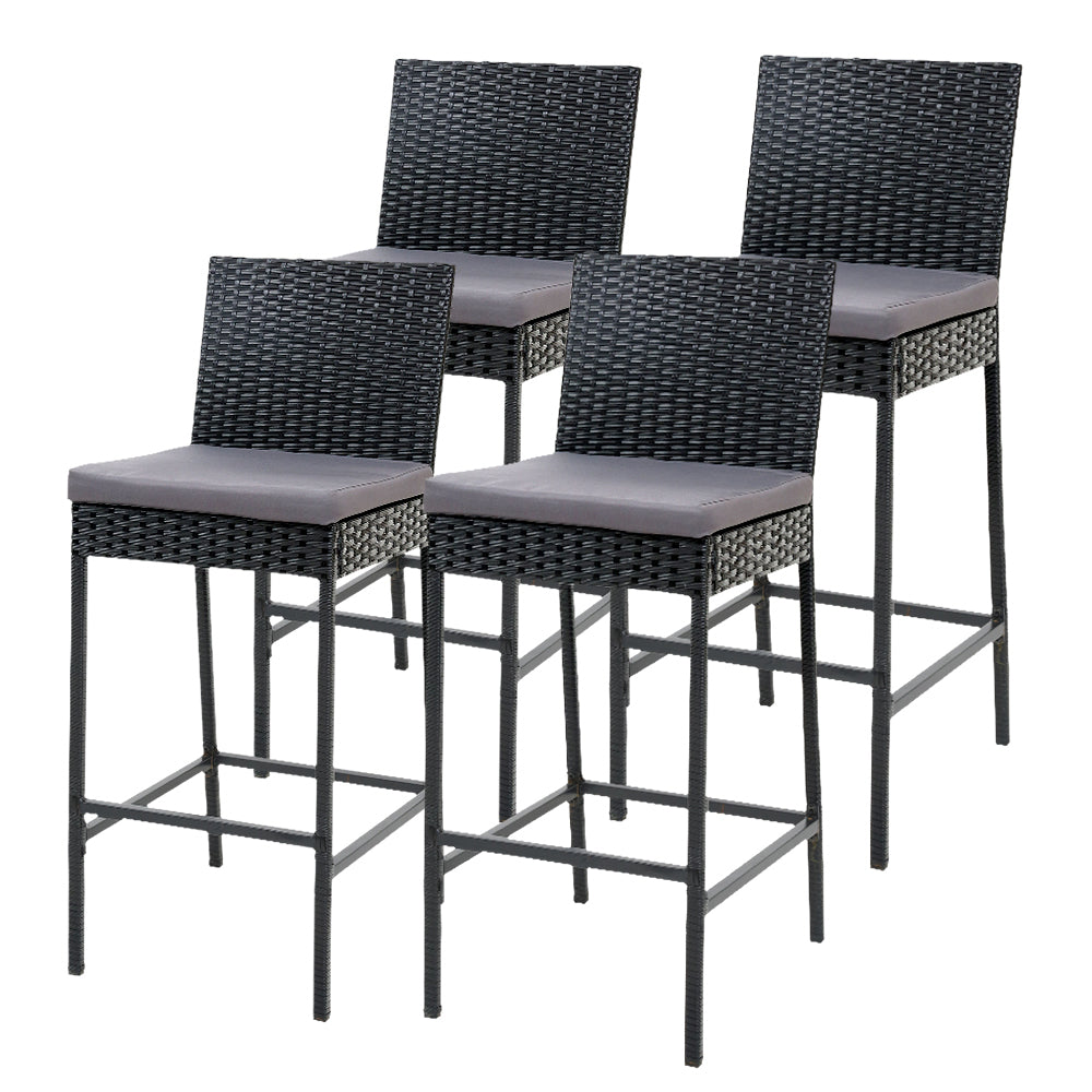 Ralph Set of 4 Outdoor Bar Stools Dining Chairs Wicker Furniture - Black